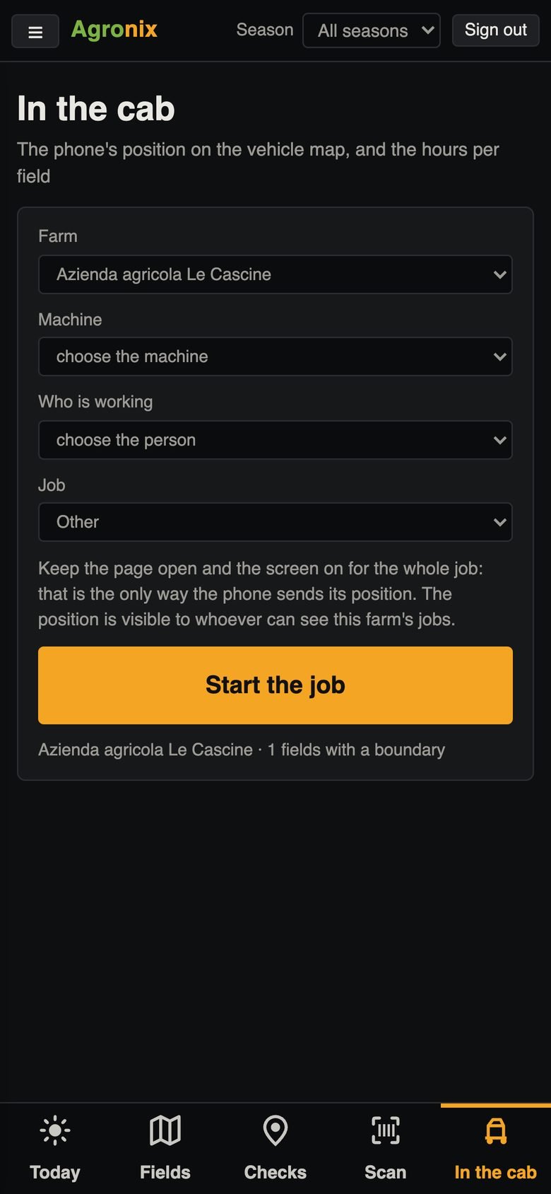 The «In the cab» page on the phone