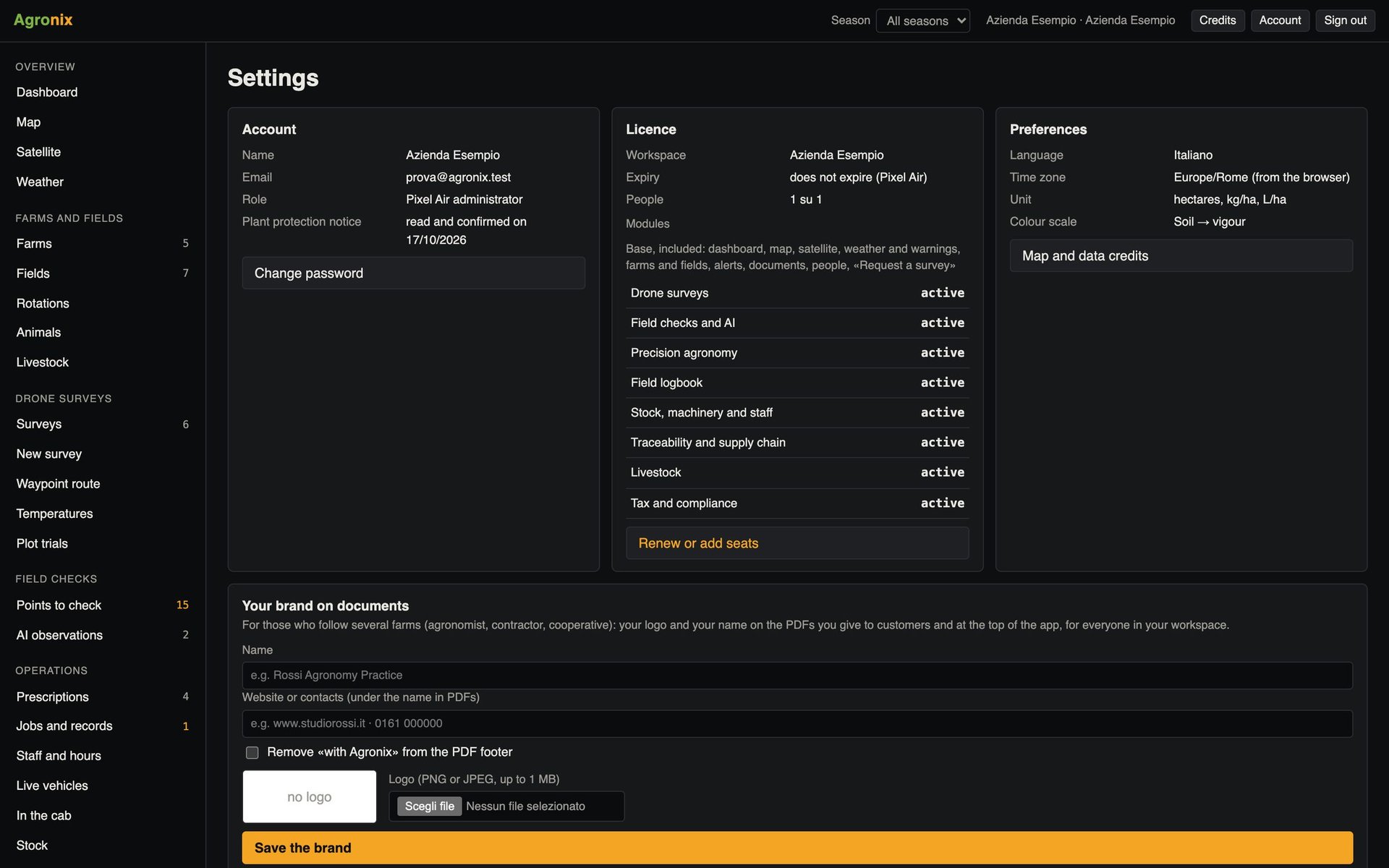 Settings with users, roles and branding