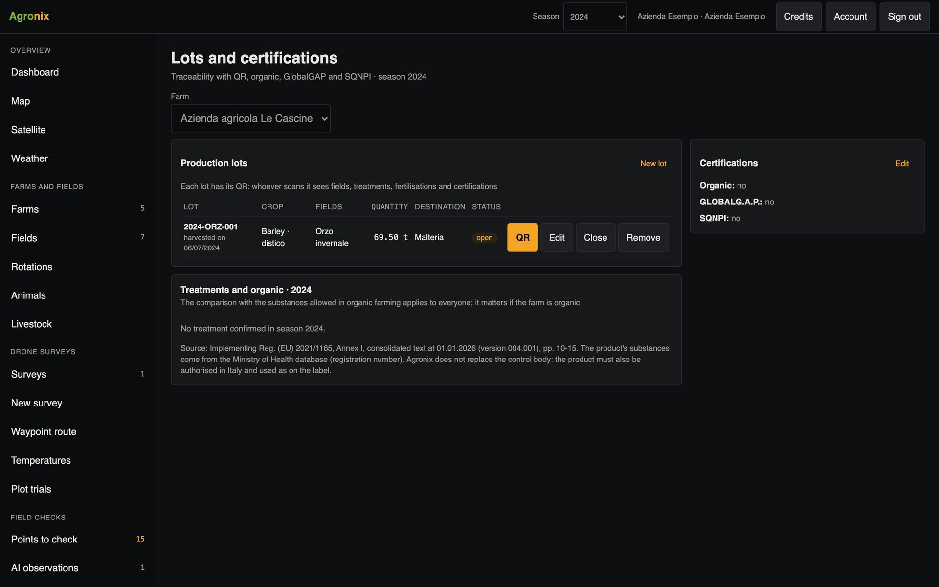 Production lots with QR codes and certifications