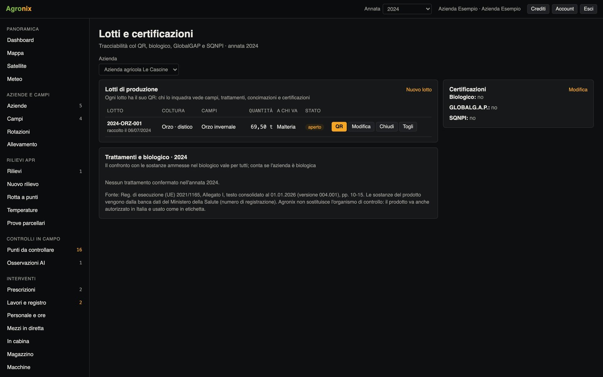 Lotti di produzione con QR e certificazioni