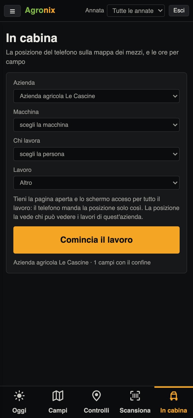 La pagina «In cabina» sul telefono