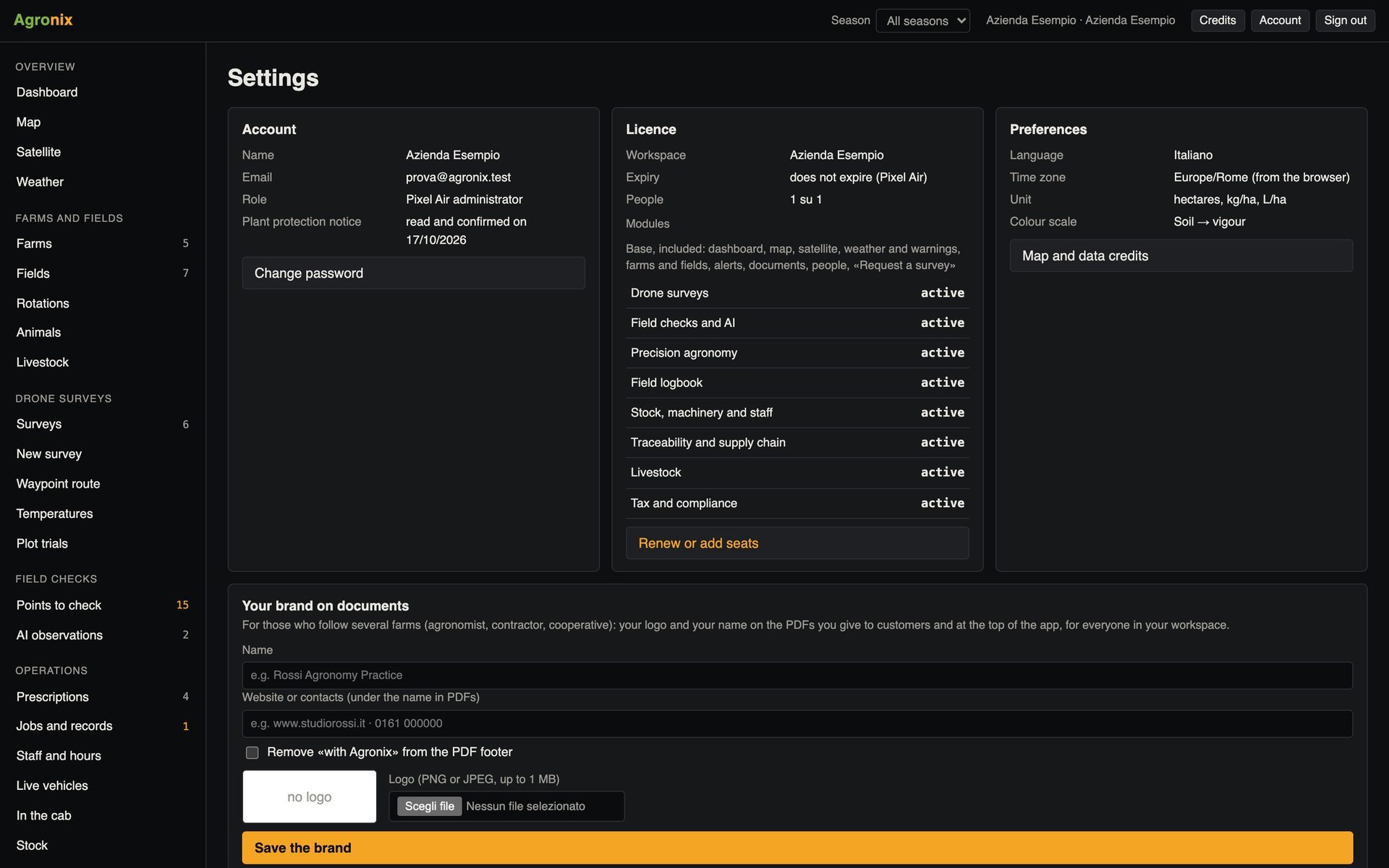 Settings with users, roles and branding