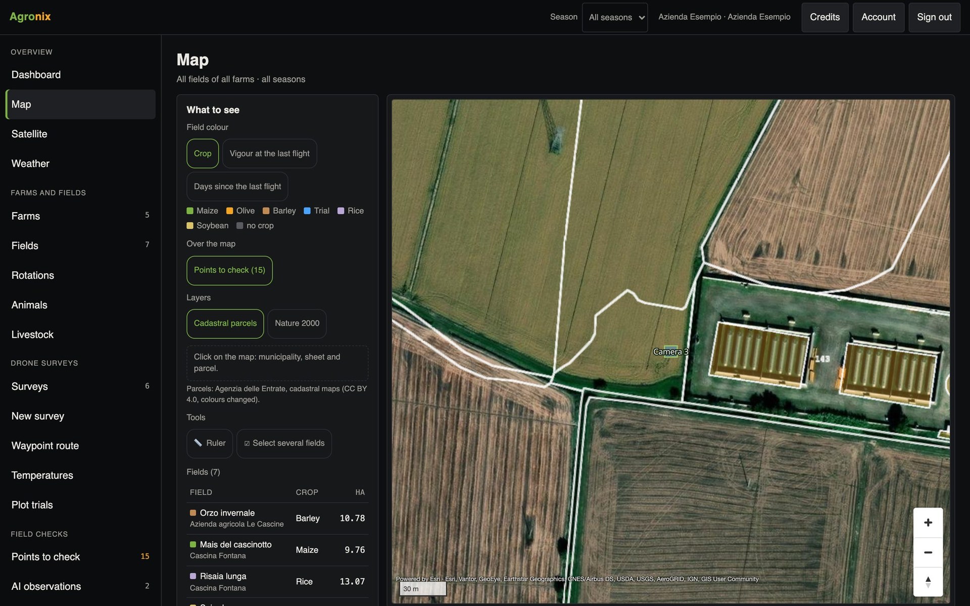 Fields with the cadastral layer