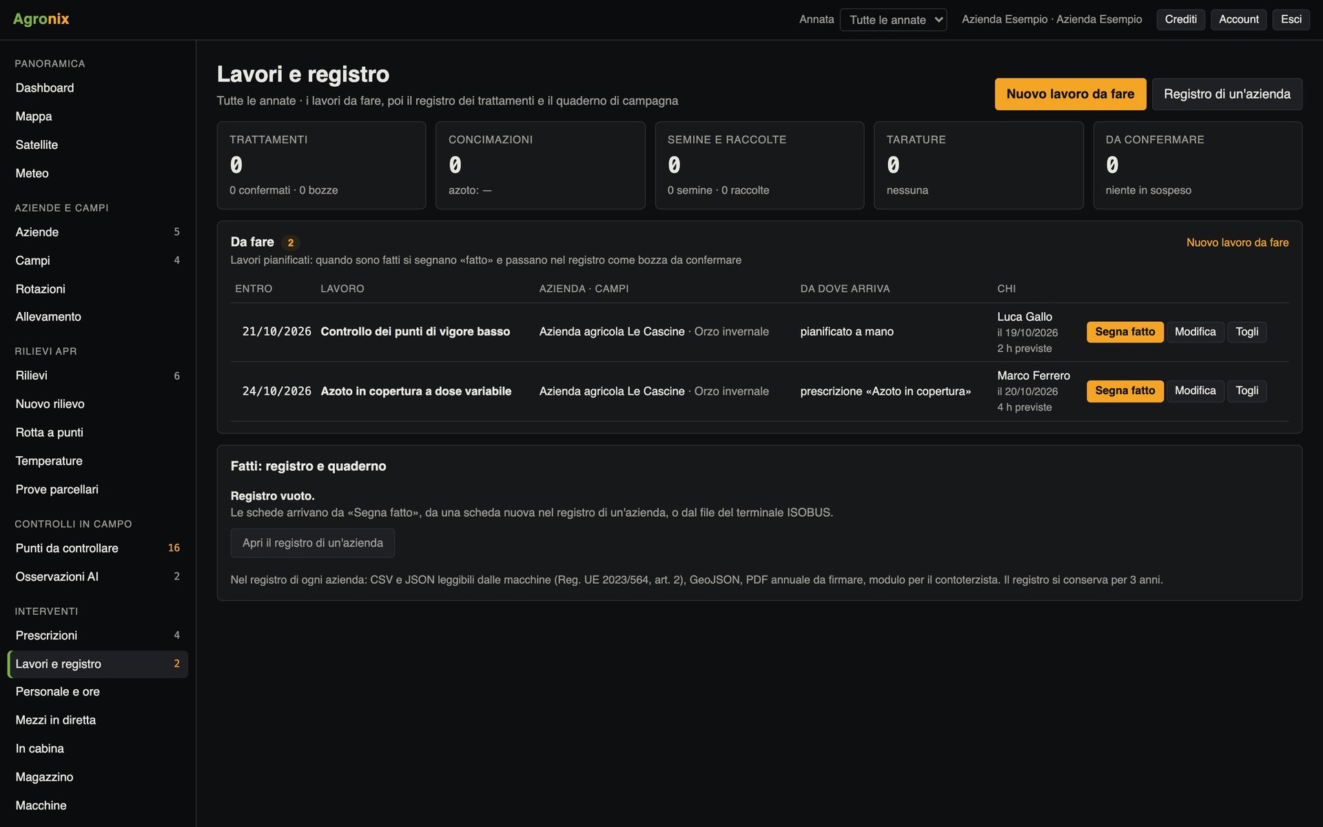 Lavori da eseguire e registro dei trattamenti
