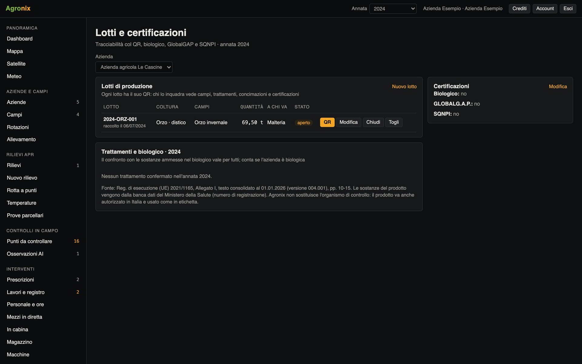 Lotti di produzione con codice QR e certificazioni