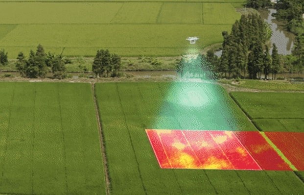Drone con camera termica sopra una risaia, con la mappa delle temperature