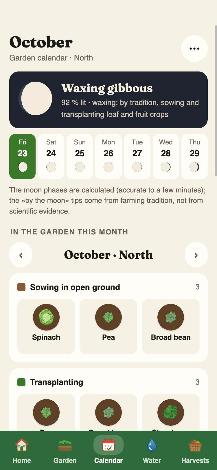 The sowing and transplanting calendar by area