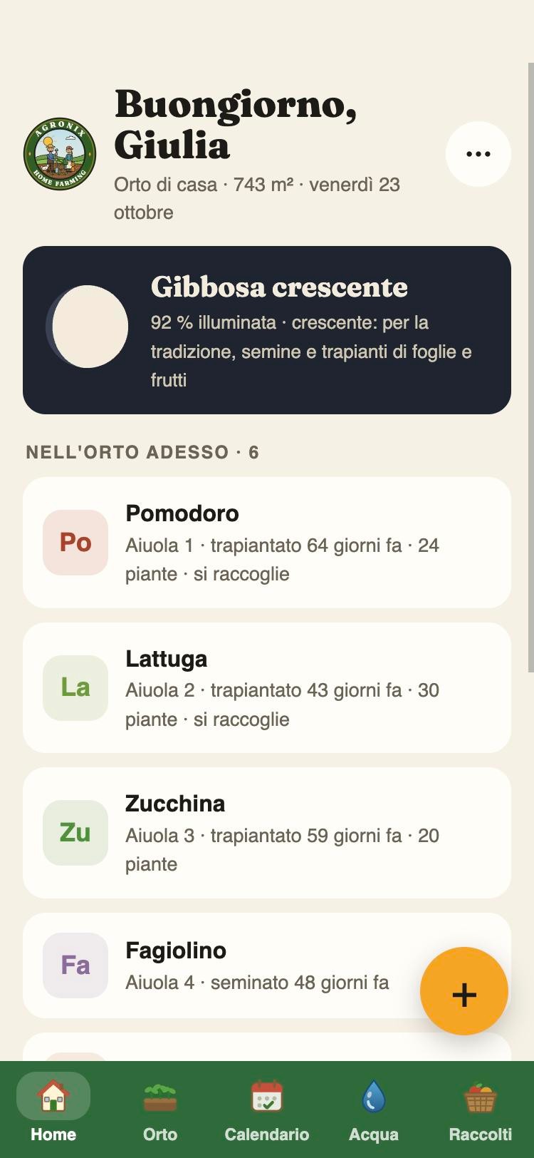 La pagina Home di Agronix Home Farming: luna, cosa fare questo mese, diario